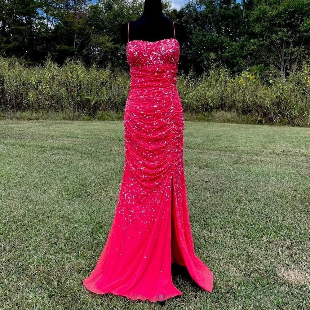 Vtg 90s Y2K Cache Beaded Maxi Dress S Red Chiffon Overlay Slit Mermaid HoCo Gown - Picture 9 of 10